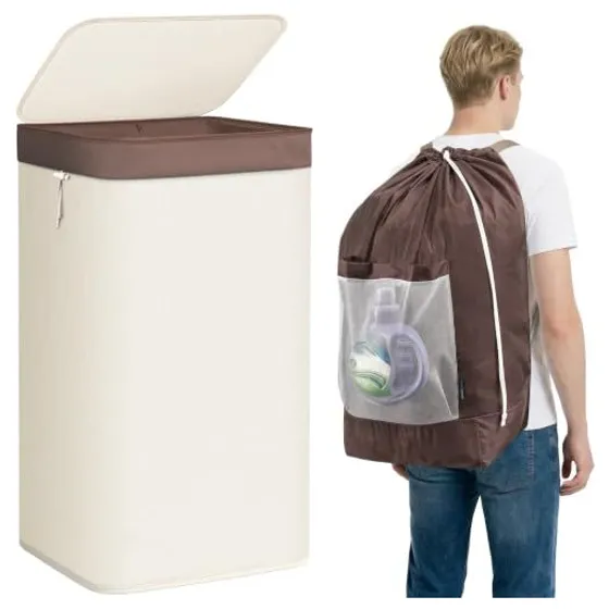 STORAGE MANIAC 2-in-1 Laundry Hamper with Backpack Bag — Beige